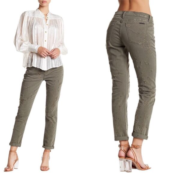 HUDSON The Riley Distressed Cropped Jeans in Light Olive Green Women's Size 27 - Picture 1 of 12